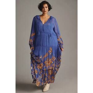NWT Anthropologie The Marais Printed Chiffon Maxi Dress Size Plus 1X Blue #NB453
